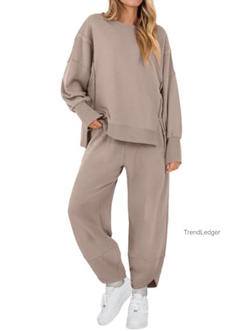 Oversized Two Piece Sweatsuit Set with Barrel Pants and Crew Neck